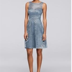 David's Bridal Dusty Blue Lace Midi Dress